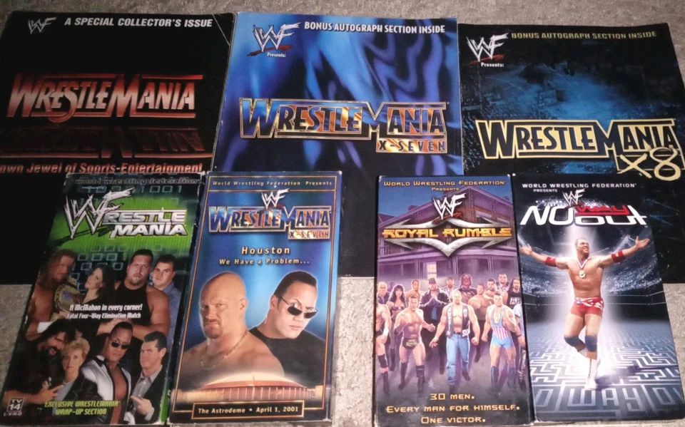 WWF Wrestlemania Lot VHS No Way Out X7 17 2000 16 Royal Rumble 2001 Magazines - Image 1 of 1