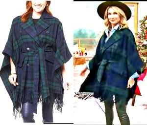 NEW Kathy Ireland SZ XL Women's GREEN & NAVY BLUE Plaid  Poncho Coat FAUX WOOL - Picture 1 of 12