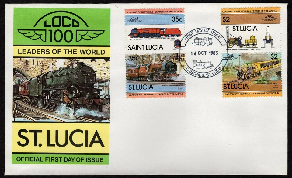 ST. LUCIA, SCOTT # 617, 624, CUBIERTA FDC - LOCOMOTORA LÍDERES DEL MUNDO 1983 Foto 1 de 1