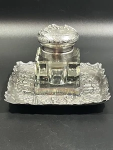 Antique Rare Art Nouveau Sterling Silver Hinged Capped Glass Inkwell With Tray - Picture 1 of 11