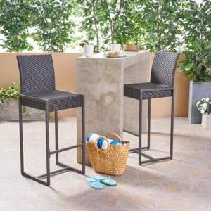 Noble House Outdoor Bar Stool Chair 2-piece Faux Rattan W/ Footrest in Brown - Picture 1 of 6