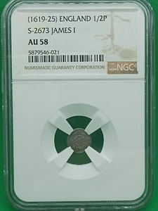 1619-25 England Great Britain James I S 2673 Halfpenny 1/2 Penny Pence NGC AU58 - Picture 1 of 8