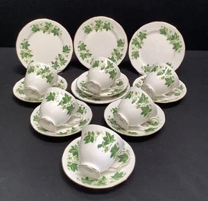 Queen Anne Teaset Bone China Green Leaf / Vine Design 16 pieces - Picture 1 of 5