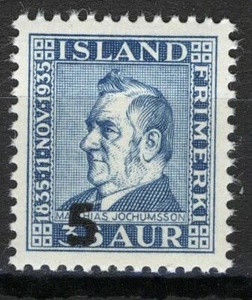 Islandia 1939, 5 sobre 35 Aur, sobreimpresión Matthías Jochumsson en estado bastante bueno MNH, Mi 203 - Imagen 1 de 1