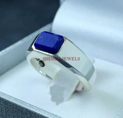 Naturale Lapislazzuli Gemma Con 18K Placcato Oro Bianco Argento Uomo Anello #729 - Immagine 1 di 4