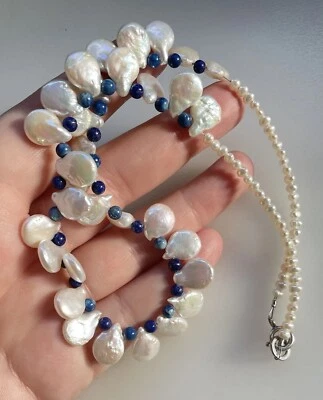 Vintage Estate 925 Silver Teardrop Pearl & Lapis Lazuli Beaded Bib Necklace 17" - Image 1 of 4