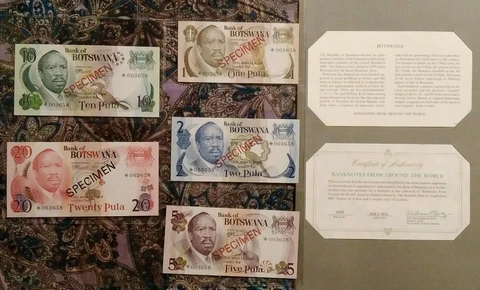 BOTSWANA 1979 1 - 20 Pula Complete 5 Specimen Set CS1 P 1-5 UNC 003658 COA Cover