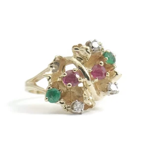 Vintage Red Ruby Green Emerald Diamond Cocktail Ring 14K Yellow Gold, 3.25 Grams - Picture 1 of 12