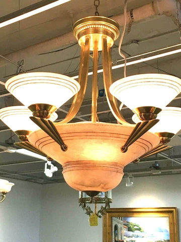 Beautiful Art Deco  Style Bronze and Alabaster Chandelier Cover
