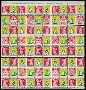 1971 WX245 Angel/Candle/Tree Partial Sheet of 80 US Christmas Seals MNH Faults - Picture 1 of 3
