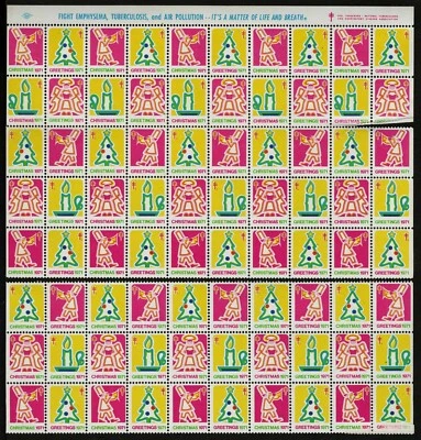 1971 WX245 Angel/Candle/Tree Partial Sheet of 80 US Christmas Seals MNH Faults - Image 1 of 3