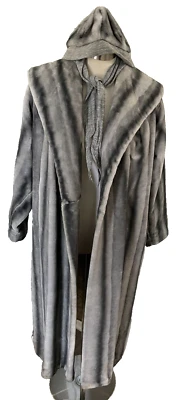 Vintage 1960s Gray Stripe Faux Fur Long Coat La France Lido w/Ear Scarf Hat M/L - Image 1 of 4