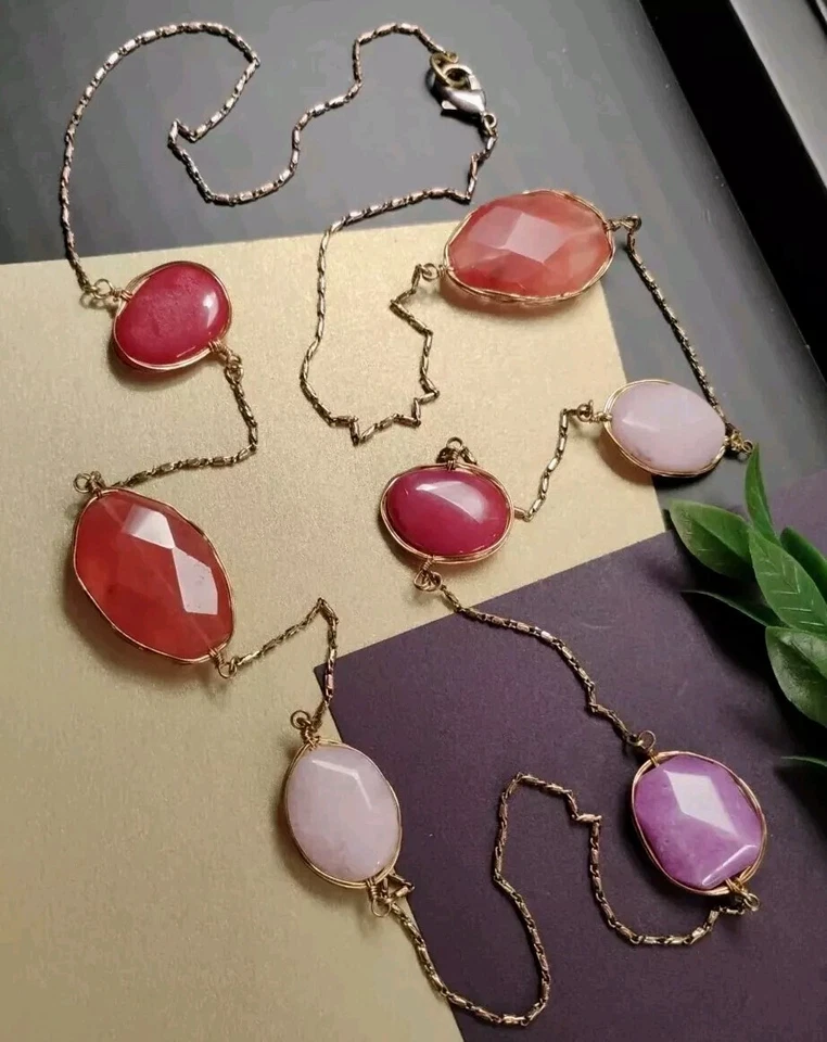 Collar de cadena de 38" tono oro envejecido de piedra (ágata/cuarzo) envuelto real! Foto 1 de 4