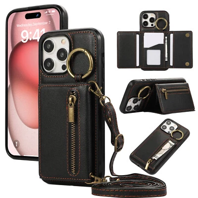 For iPhone 16 15 14 13 12 11 XS Max Ring Zipper Card Wrapped Leather Phone Case - Image 1 of 4