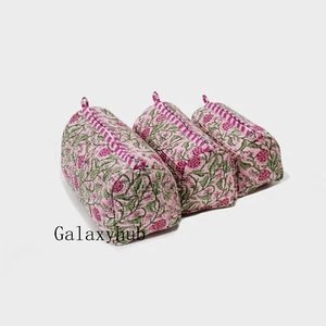 Juego de 3 piezas bolsa de aseo acolchada de algodón floral rosa bolsa de almacenamiento de maquillaje con cremallera - Imagen 1 de 5