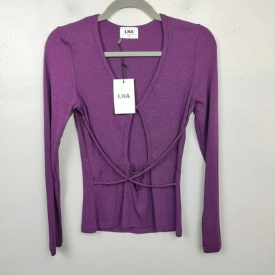 Blusa feminina LNA tricô buraco na fechadura pequena roxa com nervuras frente transversal Y2K nova com etiquetas feita na Califórnia - Imagem 1 de 4