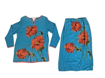 Blusa túnica top y falda vintage Diane Gilman 100 % seda floral lentejuelas M LEER Foto 1 de 4