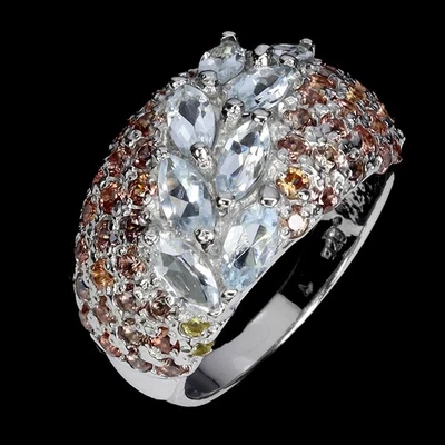 Anillo de plata de ley 925 marquesa aguamarina zafiro piedras preciosas joyería talla 8,5 Foto 1 de 4