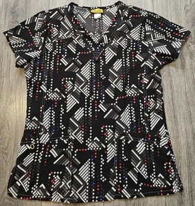 Wonderwink V Neck Allure Dots Geometric Patterned Scrub Top Black Women's Small - Picture 1 of 5