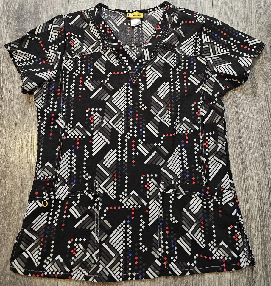 Wonderwink V Neck Allure Dots Geometric Patterned Scrub Top Black Women's Small - Image 1 of 4