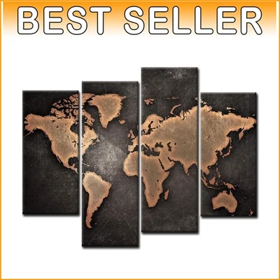Elegant Black Background World Map Art, Ready to Hang 4-Panel Canvas - Image 1 of 4