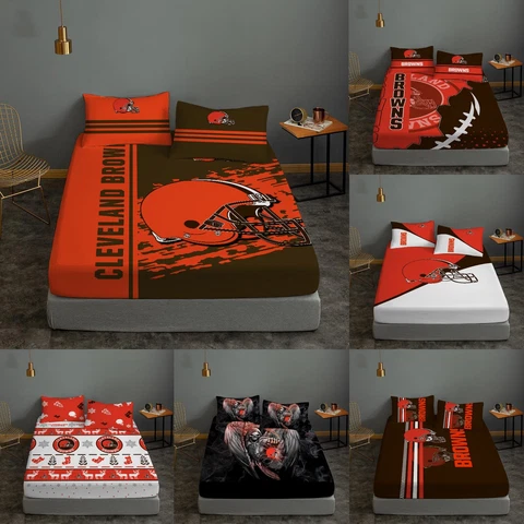 Cleveland Browns 3PCS Bed Sheet Set Fitted Sheet Pillowcases Deep Pocket Gift Cover