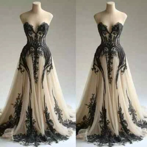 Mid Century Gothic Black and Champagne Wedding Dresses Sweetheart Bridal Gowns - Picture 1 of 10