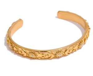 Sun Moon Star Celestial Cuff Women Bracelet 18K Gold Plated Cubic Zircon Jewelry - Picture 1 of 16