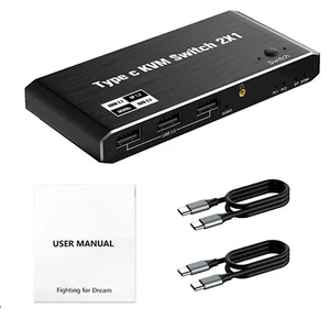 2x1 8K USB C KVM Switch 3.5mm 100W PD Charge Type C KVM Switch Share Accessories - Afbeelding 1 van 14
