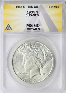 1935 $1 Peace Silver Dollar ANACS MS60 Details Cleaned - Picture 1 of 4