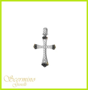 PENDENTE CROCE DA UOMO IN ORO BICOLORE 18K CON DIAMANTI NATURALI 0.20 CARATI  - Picture 1 of 4