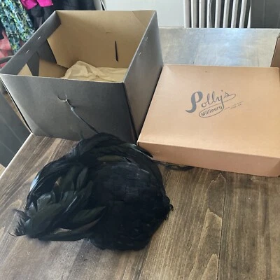 Vtg 30s Fascinator Original Black Parrot Hats Real Feathers Millinery York W/box - Image 1 of 4