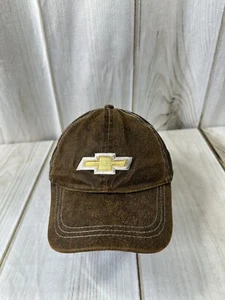 CHEVROLET CHEVY LOGO FAUX LEATHER MESH TRUCKER HAT BROWN ADJUSTABLE STARP - Picture 1 of 15