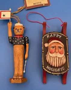 Randy Tate Folk Art Navy Bear and Santa Sled Ornaments Midwest of Cannon Falls - Picture 1 of 16
