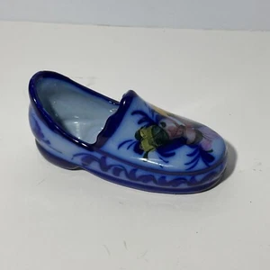 Schöner handbemalter blauer Keramikschuh mit gelb rosa grünen Blumen 4,5" lang - Bild 1 von 8