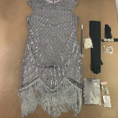 Women's Size XL Gray Sequin Fringe Flapper Dress & Accessory Set 9 Pieces NWT - Image 1 of 4