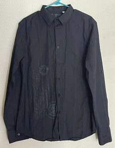 Guess Mens Dress Large Shirt Black Button Up roll-tab sleeves w/ graphic logo - Picture 1 of 6