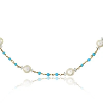 14K Yellow Gold Cultured Pearl, Turquoise & Quartz 17 1/2" Necklace GN-2674-C - Image 1 of 4