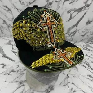 Fashion Caps Black | Gold | Orange Crosses & Wings Rhinestones Fitted Cap - Picture 1 of 7