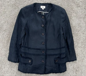 Neiman Marcus 100% Linen Coat Women's Size 10 Navy Blue Button Up Fringe Trim - Picture 1 of 11
