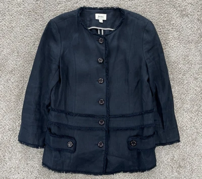 Neiman Marcus 100% Linen Coat Women's Size 10 Navy Blue Button Up Fringe Trim - Image 1 of 4