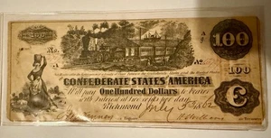 1862 Confederate States of America 100 Dollar Bill Currency Richmond - Picture 1 of 2