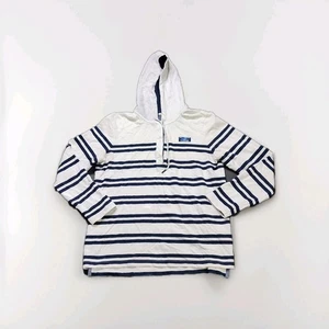 L.L.Bean Henley Hoodie Women's Medium Petite White Stripe Cotton Pullover 504300 - Picture 1 of 7