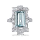 14K White Gold Fn 5Ct Emerald Cut Lab-Created Aquamarine Engagement Vintage Ring