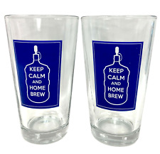 Keep Calm and Home Brew Beer Glasses Lot of 2 Fermenter Image Clear With Blue 