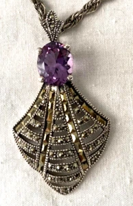 STERLING SILVER 925..SIGNED TM-41..MARQUIS, AMETHYST..PENDANT NECKLACE - Picture 1 of 2