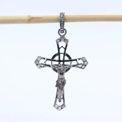 Natural Pave Diamond Jesus Christ cross pendant 925 silver handmade pendant gift - Image 1 of 4