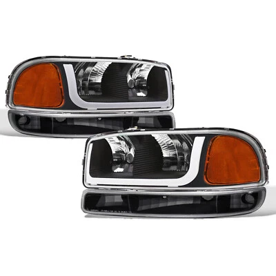 Topline For 1999-2006 Sierra/Yukon Black LED Strip Headlights Amber+Bumper Lamps - Image 1 of 4
