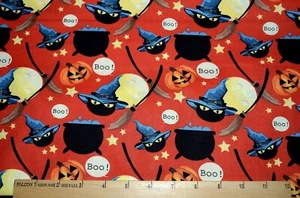 1Yd Halloween Cats, Cauldrons, Boo Orange Background 100% Quilting Cotton Fabric - Picture 1 of 2