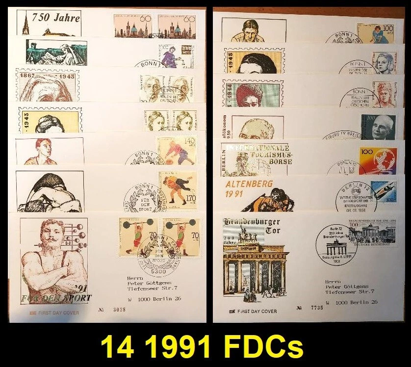 Germany 1991 Fourteen (14) FDCs Including Sports, XF - Image 1 of 1